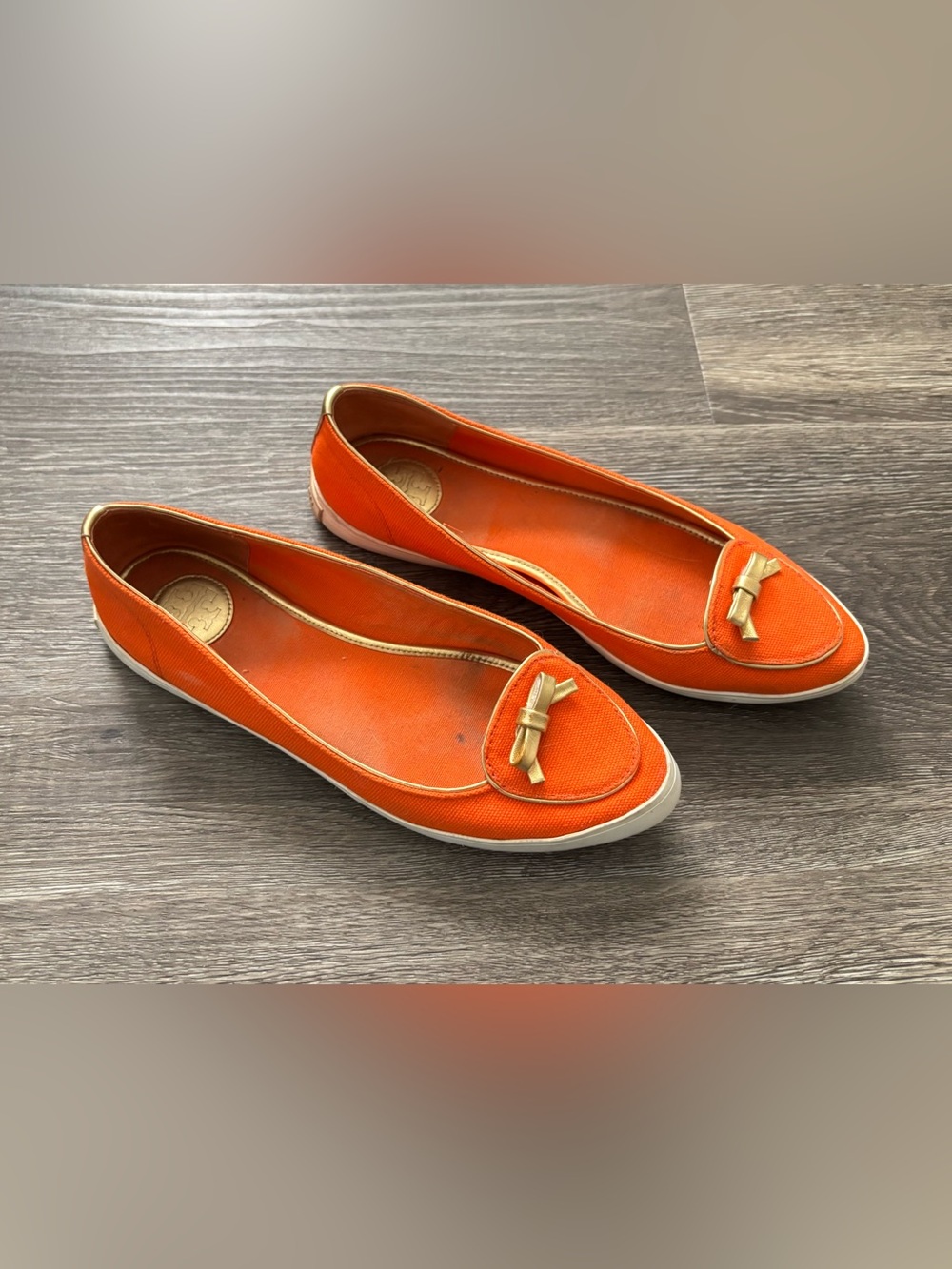 Tory Burch Orange Loafers with Gold Bow Trim